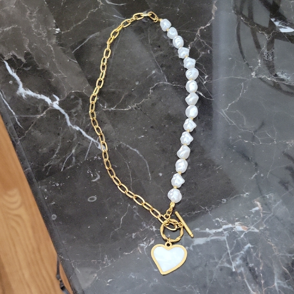 Gold Toned And White Heart Pendant Necklace
